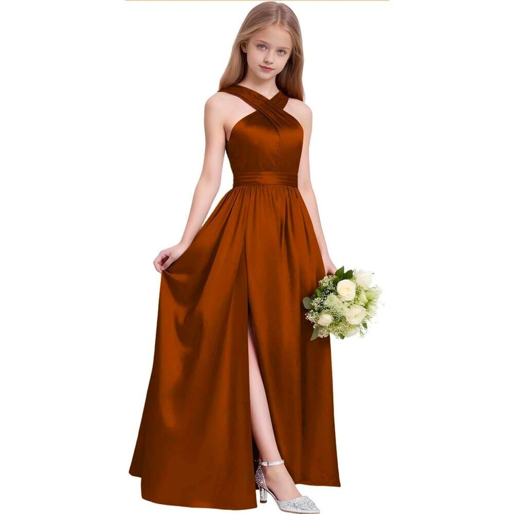 Satin Junior Bridesmaid formal gown Split halter top pleated brown dress 10y